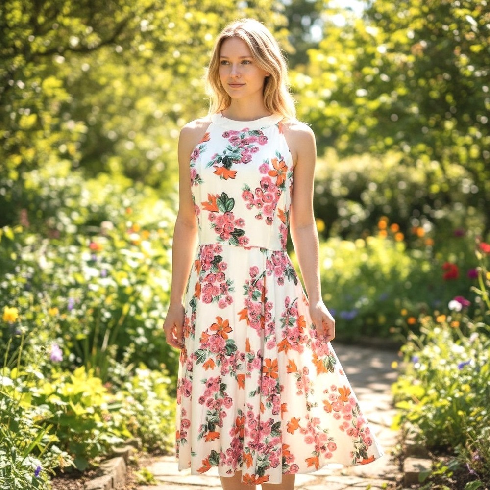Ann‎ Taylor Floral Midi Dress Womens 4 White Pink Orange Halter Tie Back